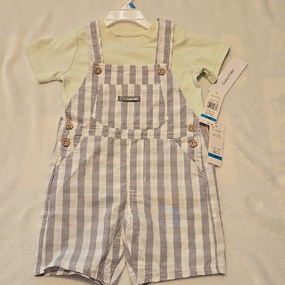 NWT 24 month Calvin Klein Gray Gingham Overalls Mint Green